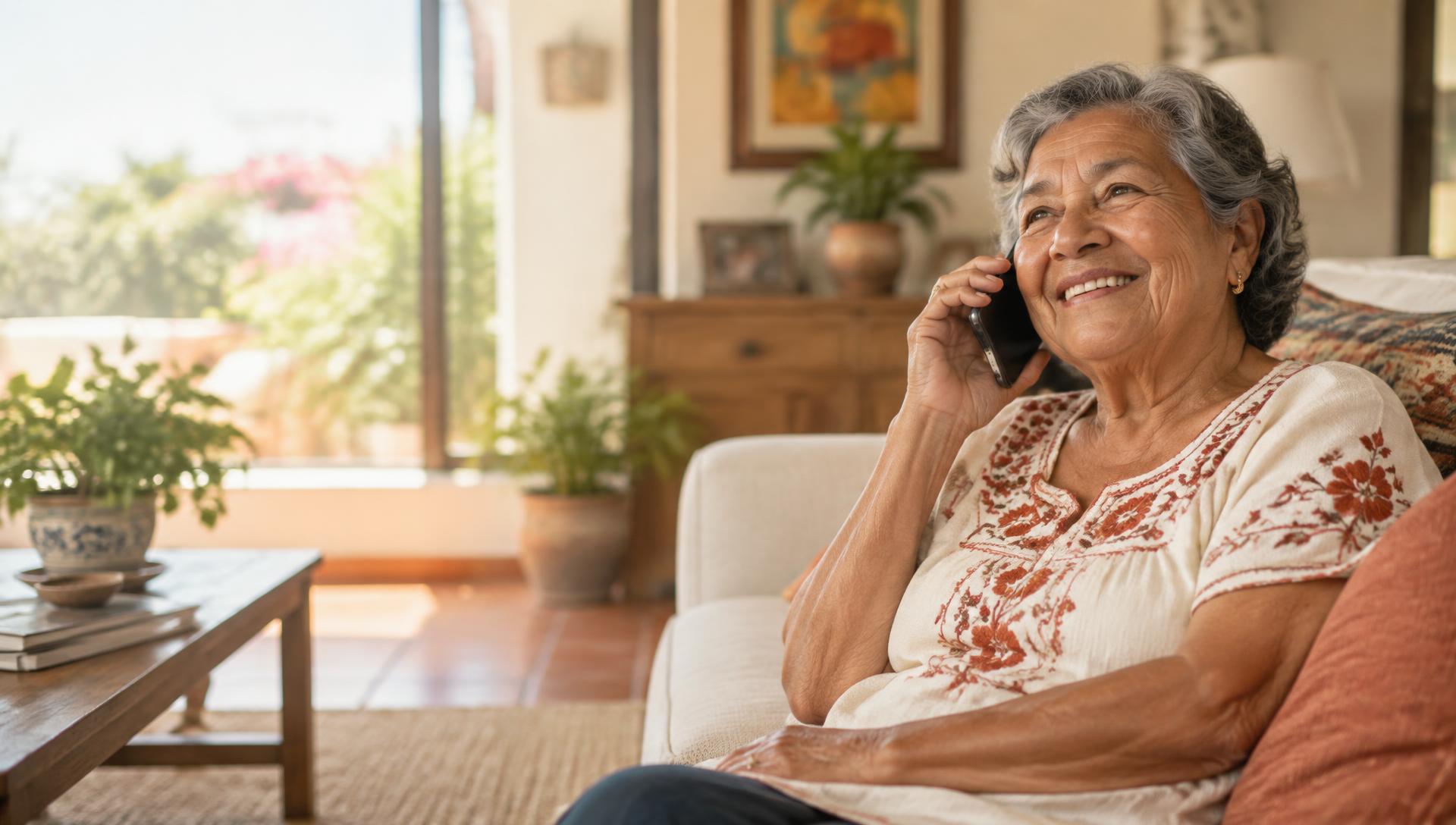 Persona mayor conversando por teléfono en su casa